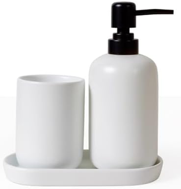 INGOFIN 3 Pcs Ceramic Bathroom Accessory Set - Liquid Soap Dispenser, Toothbrush Holder & Tray, Bathroom Counter Set, Countertop Essentials for Home, Guest Bathroom, or Office Use, White by INGOFIN