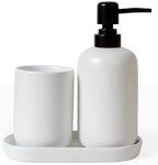 INGOFIN 3 Pcs Ceramic Bathroom Accessory Set - Liquid Soap Dispenser, Toothbrush Holder & Tray, Bathroom Counter Set, Countertop Essentials for Home, Guest Bathroom, or Office Use, White by INGOFIN
