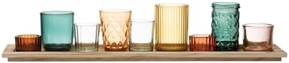 Creative Co-Op Round Glass Votive Holders on Wood Tray, Multicolor, Set of 9 - Image 6
