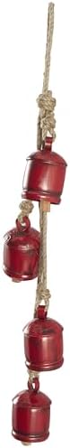 Deco 79 Metal Indoor Outdoor Decorative Cow Bells Tibetan Inspired Cascading Meditation Bell with 4 Bells on Jute Hanging Rope, Cow Bell 3" x 3" x 27", Red - Image 3