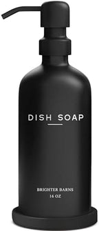 Black Glass Dish Soap Dispenser for Kitchen Sink by Brighter Barns - Modern Kitchen Soap Dispenser Set with Tray and Stainless Steel Pump - Modern Decor for Vacation Rental, Restaurants, Gifts (Black) by BrighterBarns