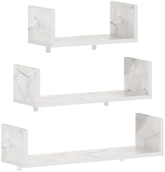 Furinno Rossi Bedroom Decor Wall Mounted Floating Display Shelves with Invisible Brackets, Set of 3, Marble White - Image 6