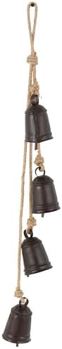 Deco 79 Metal Indoor Outdoor Decorative Bells Tibetan Inspired Cascading Meditation Bell with 4 Bells on Jute Hanging Rope, Cow Bell 3" x 3" x 27", Black by Unknown