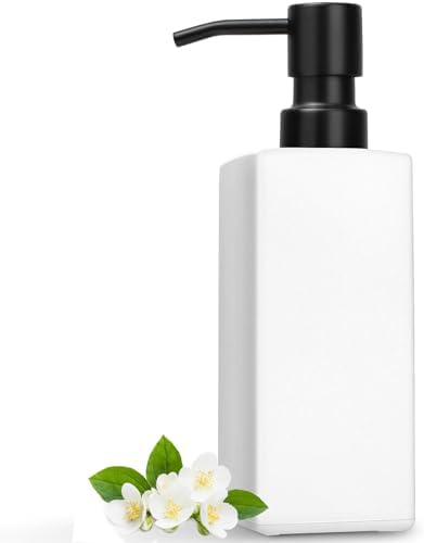 GMISUN White Soap Dispenser Bathroom, Hand Glass Soap Dispenser with Stainless Steel Pump, 12 fl oz/350ml Dish Dispenser for Kitchen, Modern Refillable Liquid Soap and Lotion Dispenser for Countertop by GMISUN