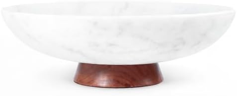 Decorative Marble Bowl White - Removable Acacia Wood Pedestal - 10" by WISATO