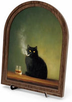 Vintage Black Cat Tabletop Decor Sign, Arched Wooden Frame with Stand, Rustic Home Wooden Sign for Living Room Bedroom Shelf Desk Display, Stylish Home Accent by Unknown