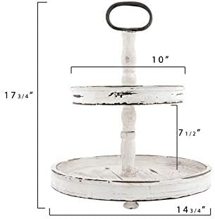 Creative Co-Op Distressed Cream Wood 2-Tier Tray with Metal Handle - Image 2