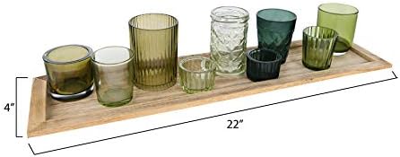 Creative Co-Op 9‑Piece Round Glass Votive Holders on Solid Paulownia Wood Tray, Green - Image 2