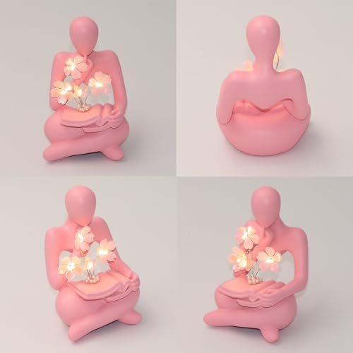 Bookshelf Decor Thinker Statue, Battery Powered Night Light, Modern Abstract Reading Figurines Home Decoration, Aesthetic Living Room Shelf Table Decor, Book Lover Gifts (Pink) - Image 3