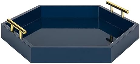 Kate and Laurel Lipton Hexagon Decorative Tray with Polished Metal Handles, Navy Blue and Gold by KateandLaurel