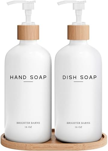 White Glass Hand and Dish Soap Dispenser Set by Brighter Barns - Kitchen Soap Dispenser Set with Tray - Glass Bottles for Kitchen Sink - Housewarming Gift, Countertop Decor, Boho Home Decor (White) by BrighterBarns