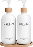 White Glass Hand and Dish Soap Dispenser Set by Brighter Barns - Kitchen Soap Dispenser Set with Tray - Glass Bottles for Kitchen Sink - Housewarming Gift, Countertop Decor, Boho Home Decor (White) by BrighterBarns