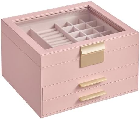 SONGMICS Jewelry Box Organizer, 3-Layer Storage with 2 Drawers, Glass Lid by SONGMICSbySONGMICSHOME