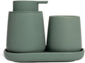 INGOFIN 3 Pcs Ceramic Bathroom Accessory Set - Liquid Soap Dispenser, Toothbrush Holder & Tray, Bathroom Counter Set, Countertop Essentials for Home, Guest Bathroom, or Office Use, Matte Green by INGOFIN