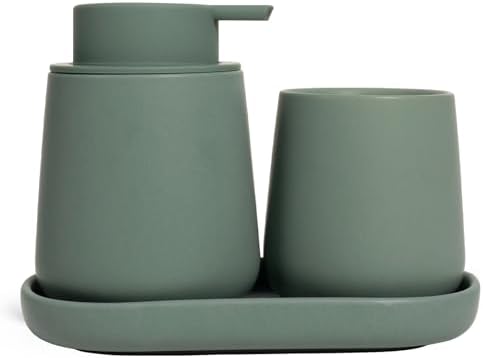 INGOFIN 3 Pcs Ceramic Bathroom Accessory Set - Liquid Soap Dispenser, Toothbrush Holder & Tray, Bathroom Counter Set, Countertop Essentials for Home, Guest Bathroom, or Office Use, Matte Green by INGOFIN