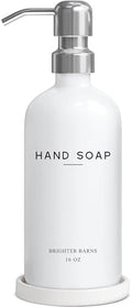 White Glass Hand Soap Dispenser Bathroom Set by Brighter Barns - Bathroom Soap Dispenser Set with Ceramic Tray - Refillable Glass Bottle Pump - Modern Home Decor for Airbnb, Hotel, Restaurants (White) by BrighterBarns