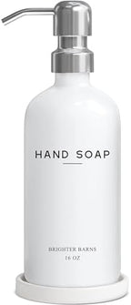 White Glass Hand Soap Dispenser Bathroom Set by Brighter Barns - Bathroom Soap Dispenser Set with Ceramic Tray - Refillable Glass Bottle Pump - Modern Home Decor for Airbnb, Hotel, Restaurants (White) by BrighterBarns