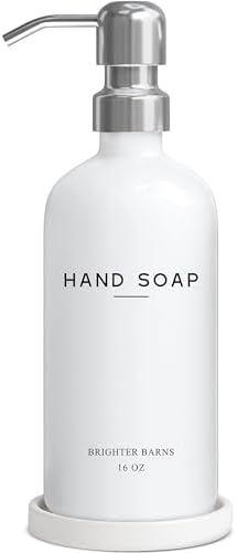 White Glass Hand Soap Dispenser Bathroom Set by Brighter Barns - Bathroom Soap Dispenser Set with Ceramic Tray - Refillable Glass Bottle Pump - Modern Home Decor for Airbnb, Hotel, Restaurants (White) by BrighterBarns