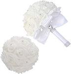 Wedding Bouquets for Bride, Bridal Flowers for Wedding, Bride Bridesmaid Hand Flowers Bridal Bouquet Crystal Diamond Silk Roses, Artificial Flowers Bouquet for Church Wedding Party (White) - Image 2