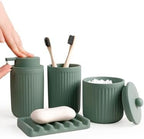 INGOFIN 4 Pcs Ceramic Bathroom Accessory Set - Liquid Soap Dispenser, Toothbrush Holder,Contain Cotton Swab Jar & Soap Dish,Countertop Accessories for Home, Guest Bathroom, Office, Matte Green by INGOFIN