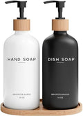 Luxury Glass Hand and Dish Soap Dispenser Set by Brighter Barns - Kitchen Soap Dispenser Set with Tray - Bamboo Pump Bottle for Kitchen Sink - Boho Home Decor, Modern Decor in Restaurant (Black/White) by BrighterBarns