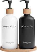 Luxury Glass Hand and Dish Soap Dispenser Set by Brighter Barns - Kitchen Soap Dispenser Set with Tray - Bamboo Pump Bottle for Kitchen Sink - Boho Home Decor, Modern Decor in Restaurant (Black/White) by BrighterBarns