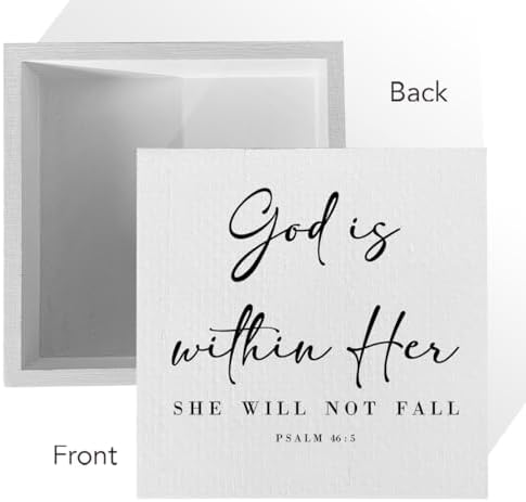 God Is Within Her Bible Verse Artwork Wooden Box Sign Rustic Farmhouse Style Psalm 46:5 Christian Wood Block Plaque 5 X 5 Inches Home Office Desk Sign Decor for Gifts - Image 3