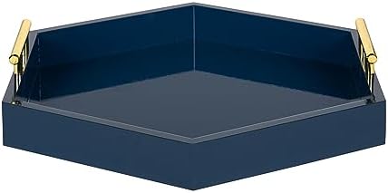 Kate and Laurel Lipton Hexagon Decorative Tray with Polished Metal Handles, Navy Blue and Gold - Image 2