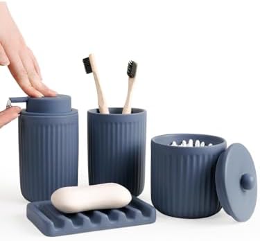 INGOFIN 4 Pcs Ceramic Bathroom Accessory Set - Liquid Soap Dispenser, Toothbrush Holder,Contain Cotton Swab Jar & Soap Dish,Countertop Accessories for Home, Guest Bathroom, Office, Matte Blue by INGOFIN