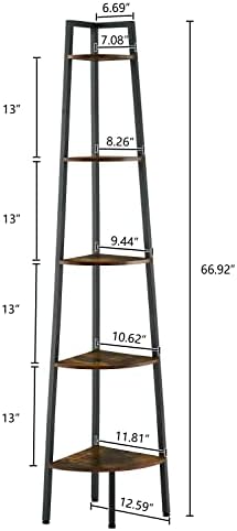 Hoctieon Corner Shelf, 5-Tier Corner Bookshelf, Rustic Ladder Shelf, Industrial Display Stand for Living Room, Kitchen, Home Office, Balcony, Small Space, Metal Frame, Rustic Brown - Image 2