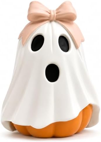 GoGnome Halloween Ghost Pumpkin Figurine, Cute Resin Ghost Decoration with Pink Bow for Fall Tabletop Home Decor (White Ghost Pumpkin) by GoGnome