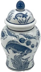 8" Ceramic Ginger Jar w/Lid - Classic Chinese Style Porcelain Jar Tea Storage for Home Decor Decorative Centerpiece Vintage Accent Antique Vase Jingdezhen (Slate Blue & White Koi) - Image 5