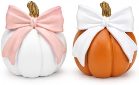 2-Pack Pumpkin Figurines with Bows for Fall Decor Autumn Harvest Decoration by GoGnome