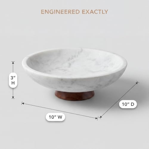 Decorative Marble Bowl White - Removable Acacia Wood Pedestal - 10" - Image 4