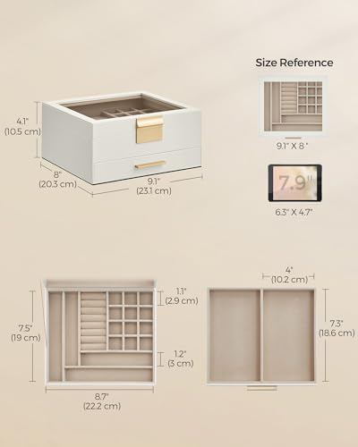 SONGMICS Jewelry Box Organizer, 2-Layer Storage with 1 Drawers, Glass Lid - Image 4