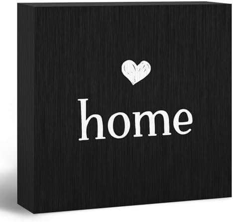Home Sign, Home Signs for House Decor, Welcome Sign, Rustic Farmhouse Desk Decor Wood Block Box Plaque for Living Room Wall Shelf, Housewarming Gifts (Black) by ANIANG