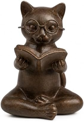 Bronze Cat Figurine Reading Book, Resin Home Décor Accents Statue with Glasses, Cute Tabletop Decor for Bookshelf Desk Office Library, Cat Lovers Gifts for Women Man Teacher Student (Reading Cat) by iStatue