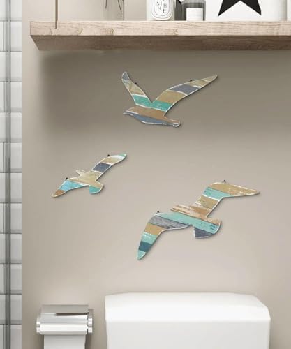 Putuo Decor Coastal Seagull Wall Decor Set of 3, Wooden Beach Wall Art on MDF with Distressed Nautical Stripes, Lightweight Ocean Theme Wall Hanging for Bathroom Living Room Bedroom Entryway - Image 5
