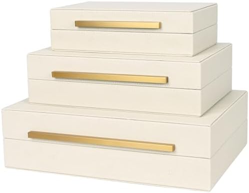 Beige Shagreen Decorative Box Set of 3 - Faux Leather Nesting Storage Boxes with Lids, Large Modern Jewelry Organizer, Stackable Home Decor Box for Bedroom, Bathroom & Office by ZIKOUL