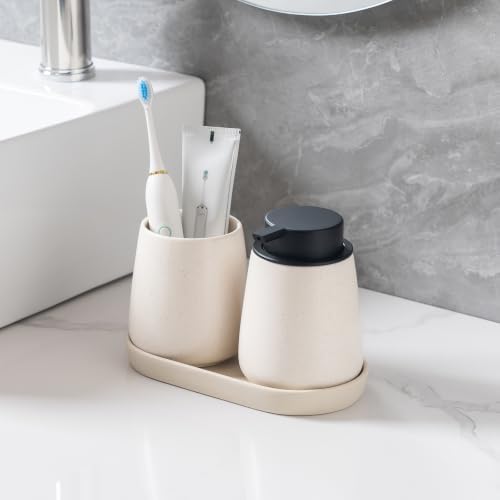 2 Pack Matte Beige Round Soap Dispenser Tray - 8'' Ceramic Vanity Tray & Organizer Plate Set, Bathroom & Kitchen Countertop Decor for Soap Dispenser, Jewelry, Cosmetics, Sink - Image 3