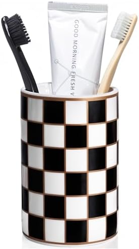 Checkered Bathroom Toothbrush Holder, Bathroom Black and White Ceramic Toothbrush Holder, Modern Toothbrush Box, Used for Bathroom countertop Storage Rack, Checkered Bathroom Decoration (Black) by XYQXYQ