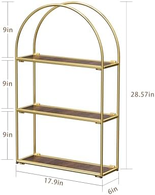 Crofy Gold Arched Frame Wall Shelf, Decorative 3 Tier Bathroom Wall Shelf with Walnut Finish Shelves and Robust Storage Capacity, 6" D x 17.9" W x 28.57" H - Image 3