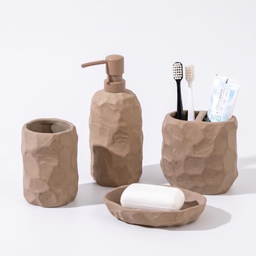 RQYIXI Ceramic Bathroom Accessories Set,Brown,4 Piece,Artisan Design by RQYIXI