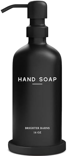 Black Glass Hand Soap Dispenser Bathroom Set by Brighter Barns - Bathroom Soap Dispenser Set with Tray and Stainless Steel Pump - Modern Decor for Kitchen, Hotel, Vacation Rental, Restaurants (Black) by BrighterBarns