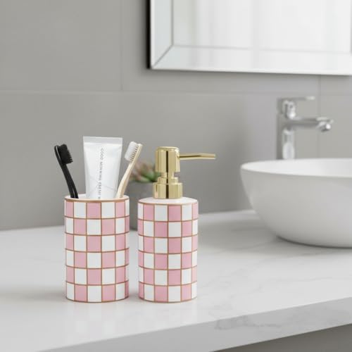 Bathroom Toothbrush Holder Set, Ceramic Checkered Soap Dispenser and Tooth Brush Holder Set, Modern Bathroom Accessories Sets Countertop, Black and White Checkered Bathroom Decor Set (Pink) - Image 4