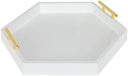 Kate and Laurel Lipton Hexagon Decorative Tray with Polished Metal Handles, White and Gold - Image 3