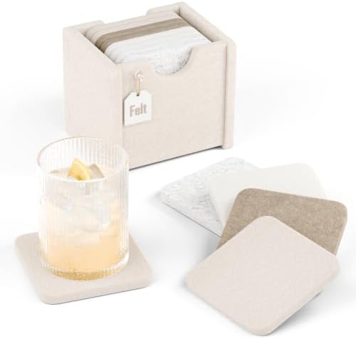 Fluxynara Felt Coasters with Holder, Set of 8 for Drinks, Stone Beige by FLUXYNARA