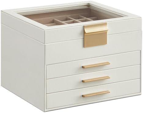 SONGMICS Jewelry Box Organizer, 4-Layer Storage with 3 Drawers, Glass Lid by SONGMICSbySONGMICSHOME