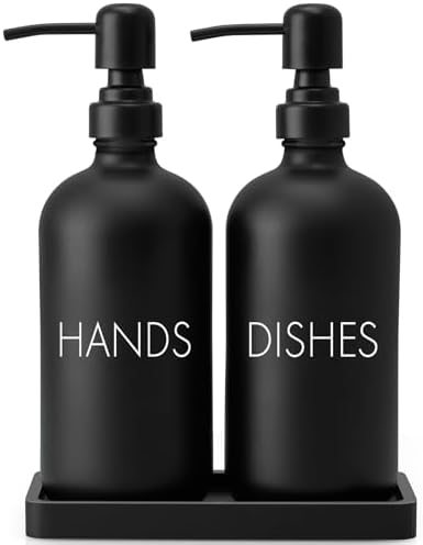 Black Dish and Hand Soap Dispenser Set - Glass Kitchen Soap Dispenser with Tray and Stainless Steel Pump - for Black Kitchen Decor and Accessories by Unknown