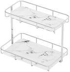 Bathroom Organizer Countertop Perfume Organizer Makeup Organizer Cosmetics Storage Display Rack Vanity Tray Dresser Stainless Steel Gold Shelf White Marble Ceramic Tray (2 Tier L-Sliver) - Image 4